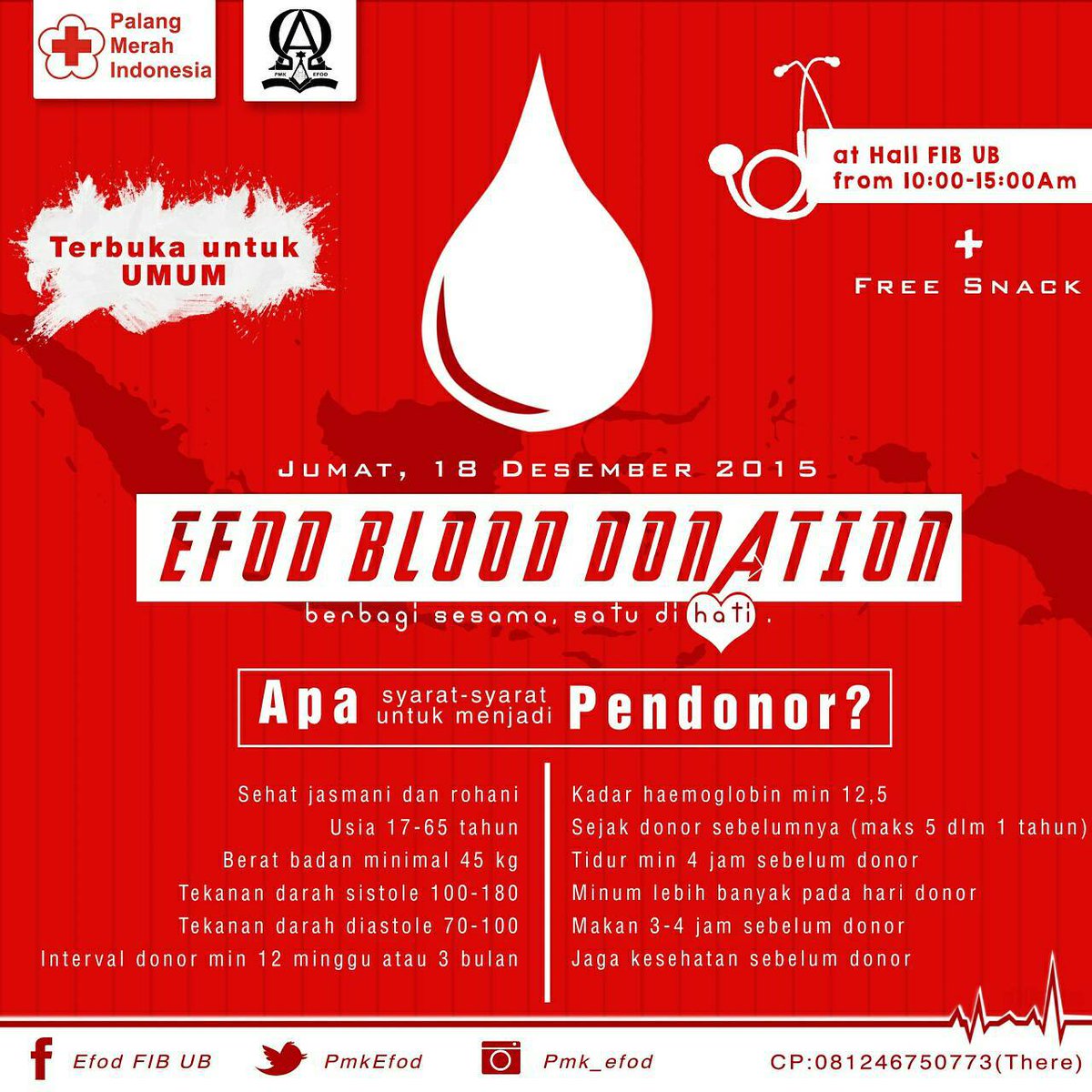 Jangan lupa hari ini!
Efod Blood Donation, dari jam 10.00 pagi sampe jam 15.00 sore di HALL FIB UB!
FREE ENTRY!
