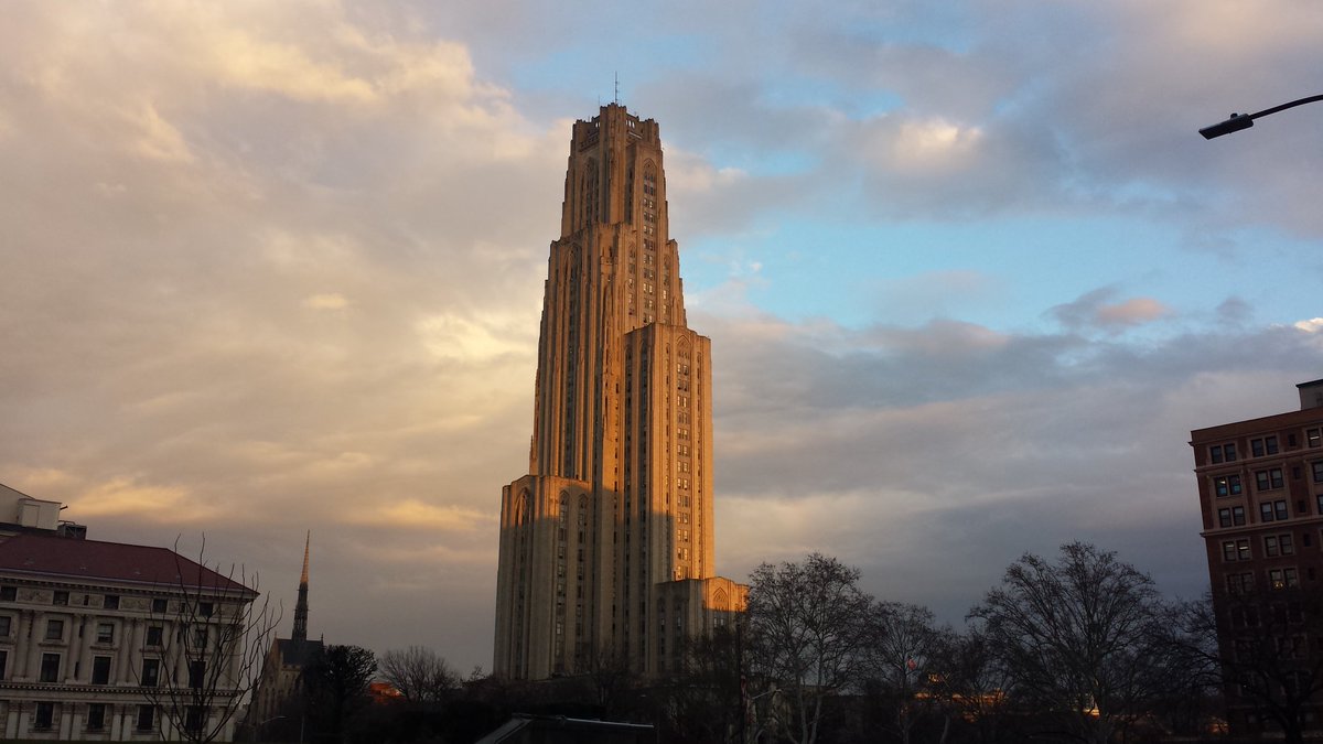 PittEngineering's tweet photo. The Cathedral against a December evening sky. https://t.co/bcYSwzV9S0