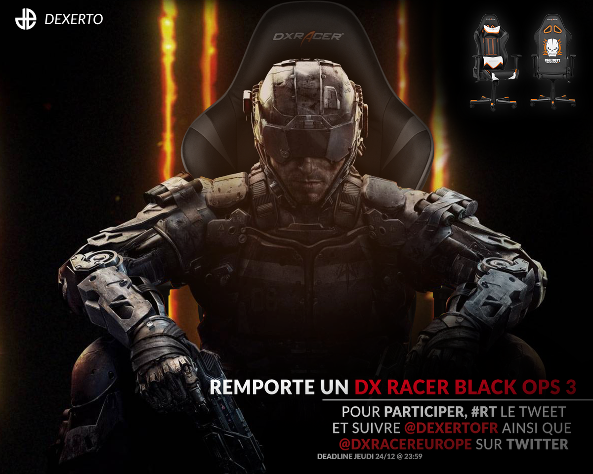 DexertoFR's tweet photo. Tentez de remporter un "DXRacer Black Ops 3 !" 

#RT + #Follow @DexertoFR &amp; @DXRacerEurope pour participer ! 

. https://t.co/JQFlfKJL4d