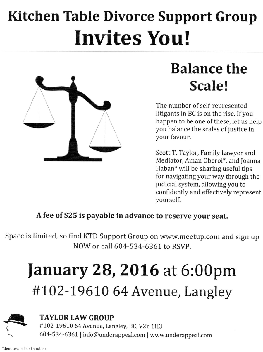 langleydivorce's tweet photo. Self-represented litigant? Join Taylor Law Group Jan 28 at 6pm to get useful tips to effectively represent yourself! https://t.co/xKIw1Q6BAV