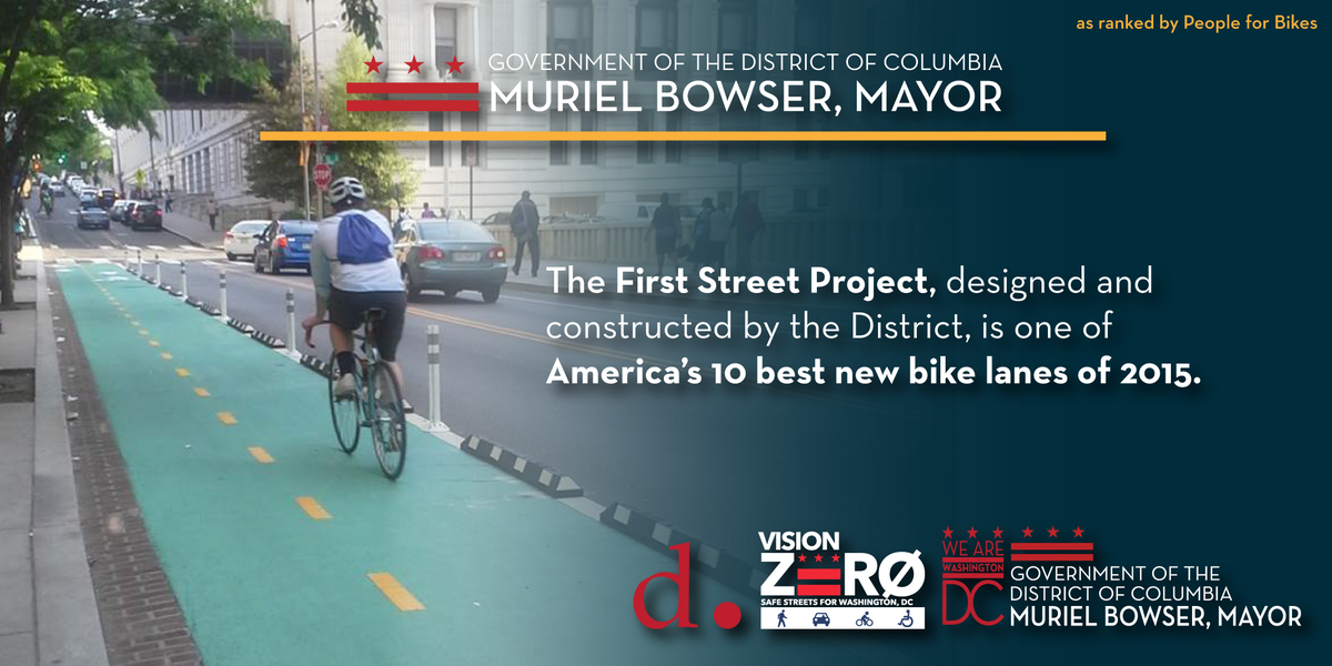 MayorBowser's tweet image. Have you heard? DC was ranked 6th of America&apos;s 10 Best New Bike Lanes of 2015! bit.ly/1k5aUT0 #DCProud