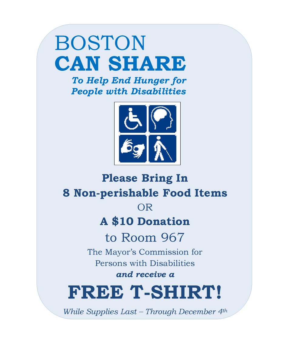 DisabilityBOS's tweet photo. Donate $10 or 8 nonperishables to #BostonCANshare in our office & receive an #ADA25 #tshirt while supplies last https://t.co/mgOnYdVrnB