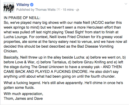 villainymusic's tweet photo. Neill. What a legend. 5 vomits, 1 encore + no more fried chicken ever. This was the story of last nights show: https://t.co/VEAMoRFnOt