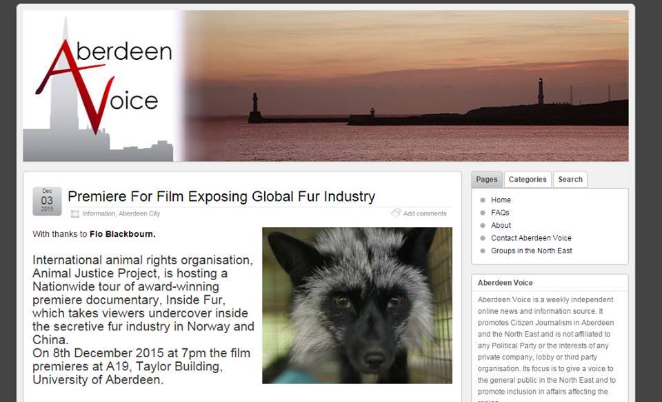 ajpReact's tweet photo. #AJPScotland #InsideFur film tour featured in the @AberdeenVoice1: https://t.co/zyigYqXrtf #Norway #AntiFur https://t.co/yRhtYoFn1H