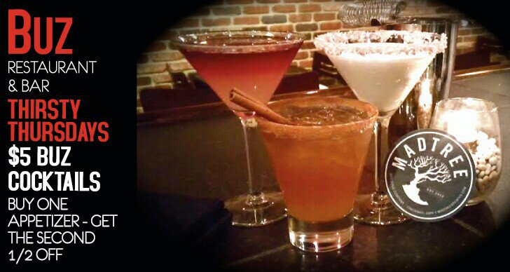 BuzRestaurant's tweet photo. Once again, its #THIRSTYTHURSDAY @BuzRestaurant w/$5 Buz #Cocktails ++ Buy one app, get the 2nd 1/2 OFF!!💃🙌🍸🎉 https://t.co/IfQBPLAiqP