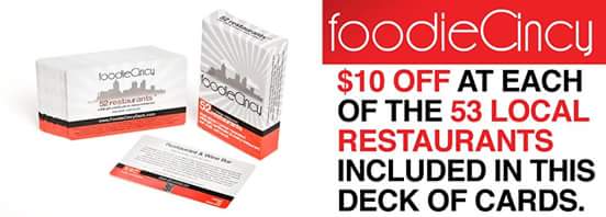 GreenDogCafe's tweet photo. 2016 #FOODIECINCY Decks are back! Stop by @BuzRestaurant or @GreenDogCafe to pick one up while they last! ONLY $20! https://t.co/xupld6mXAy