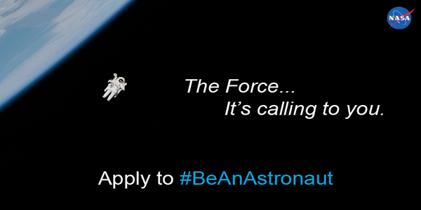NASA's tweet photo. The (astronaut) application awakens! Here are 7 reasons you should apply…in #StarWars terms: https://t.co/22C8QDbzAr https://t.co/hIJIeNoG9p