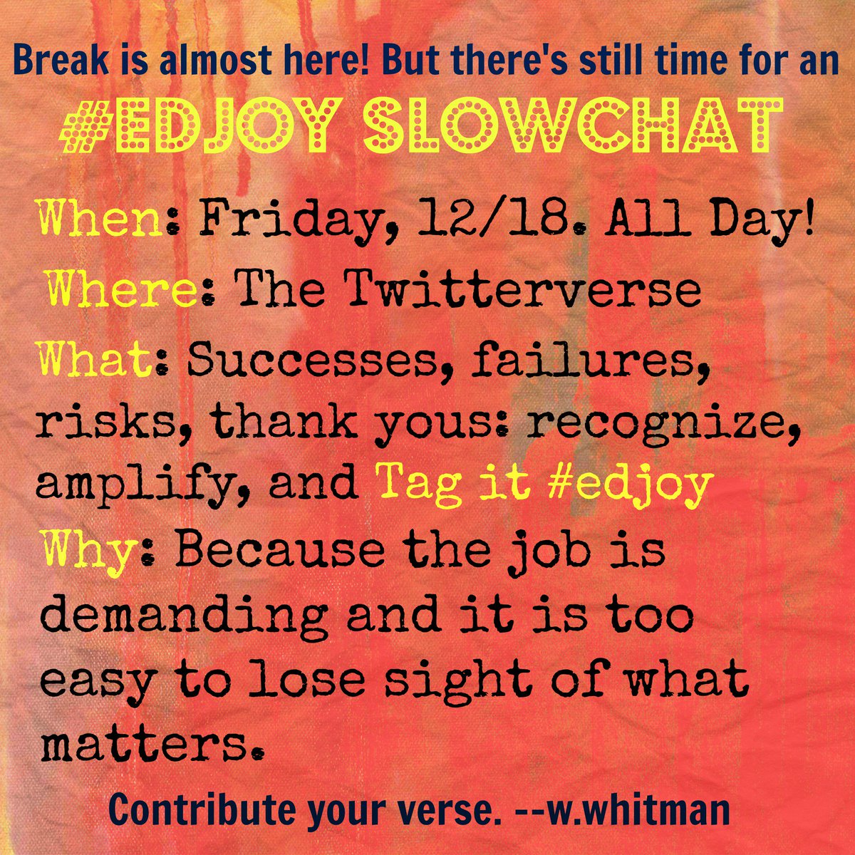 sglass771's tweet image. Before break begins, all day #edjoy. @davidtedu @WickedDecent @SeenaRich @KrisGiere @kd0602 @askaouris @sstorm01