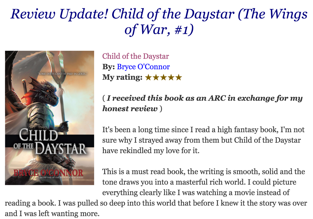 EmilyAnnWalsh09's tweet photo. Don't Judge, Read: #ReviewUpdate! Child of the Daystar (The Wings of War, #1) https://t.co/FHUrkSD0h6 @OConnorBooks https://t.co/vai4dlfamw