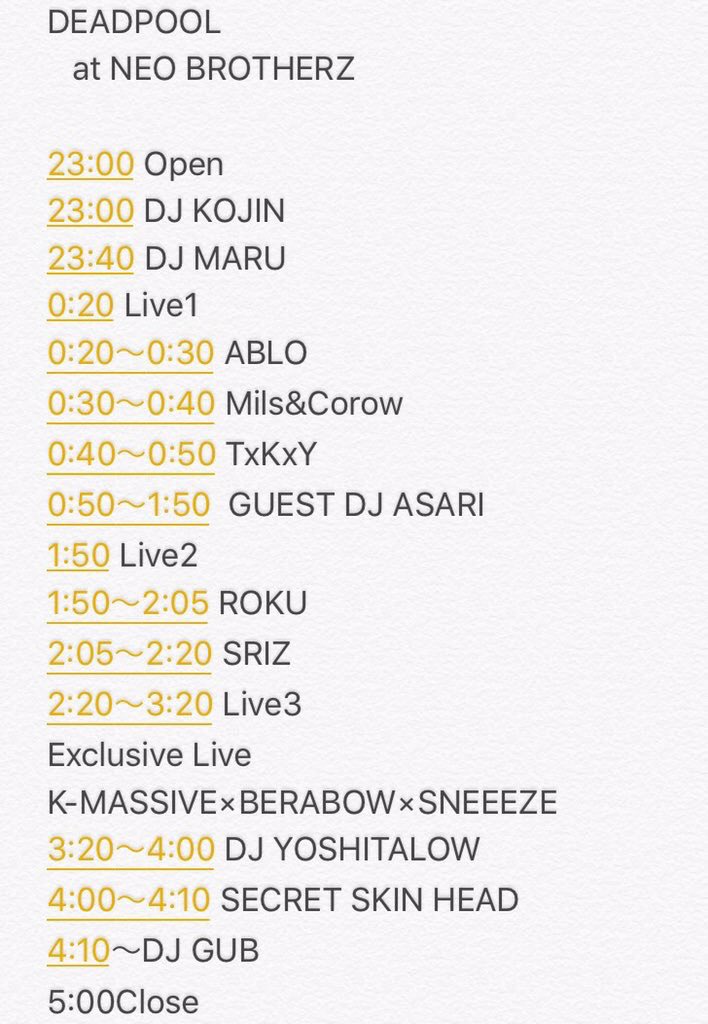 ABLOABLO's tweet image. 【DEAD POOL】
本日です‼︎
タイムテーブル公開となっております‼︎ 自分は一部の一発目‼︎ 
新しいのやるんで0:20にはネオブラにいて下さい‼︎
是非‼︎