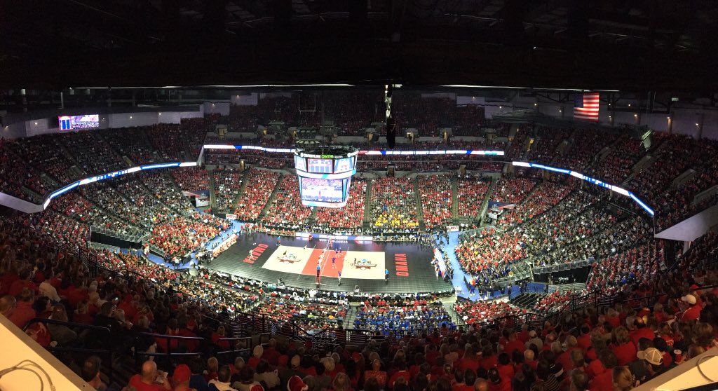 NCAAVolleyball's tweet photo. It's a new #ncaavb semifinal record! 17,551 came to watch these four teams tonight! https://t.co/vm3WXendoA