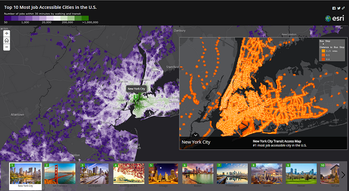 Top 10 most  job accessible cities in the U.S. arcg.is/1k5SnWE #storymap #urbanobservatory