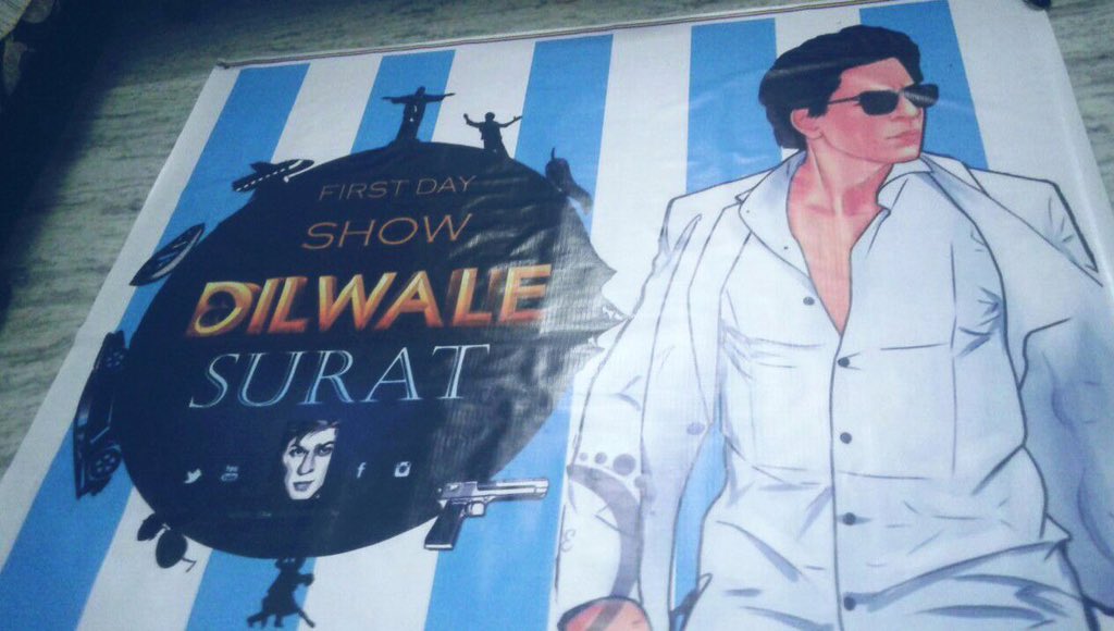 SRKUniverse's tweet photo. Our Fdfs banner for Surat #BumperDilwaleOpening https://t.co/4qfC5aoiKu