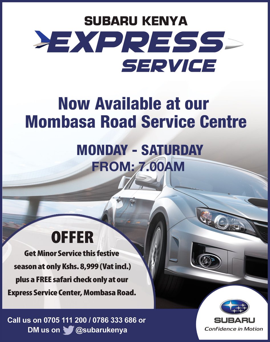 CapitalFMKenya's tweet photo. Get a safari check & minor service today from 7 am at the Mombasa Service Centre #ExpressCheck @SubaruKenya https://t.co/9QdPFl6ANI