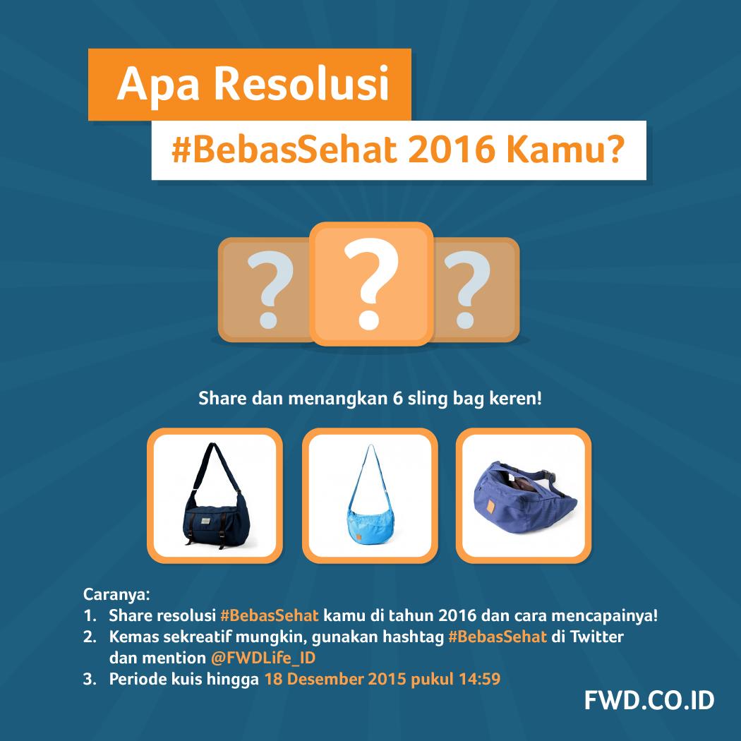 fwd_id's tweet photo. Masih ada waktu sampai jam 14:59 nanti untuk share Resolusi #BebasSehat 2016 kamu &amp; menangkan 6 sling bag ini! https://t.co/48kKKWIFF3