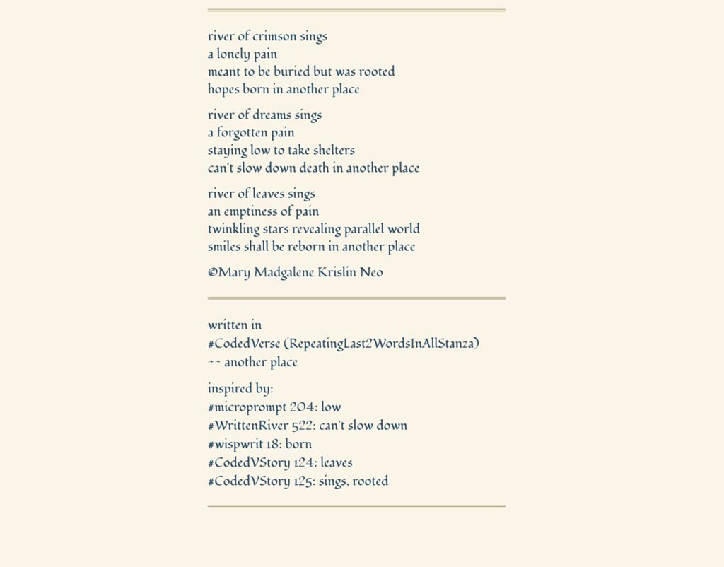 DestinyInfin's tweet photo. #microprompt 204
#WrittenRiver 522
#wispwrit 18
#CodedVStory 124&amp;125

#CodedVerse (RepeatLast2WordsInStanza) #poem https://t.co/5pUqOLWLjY