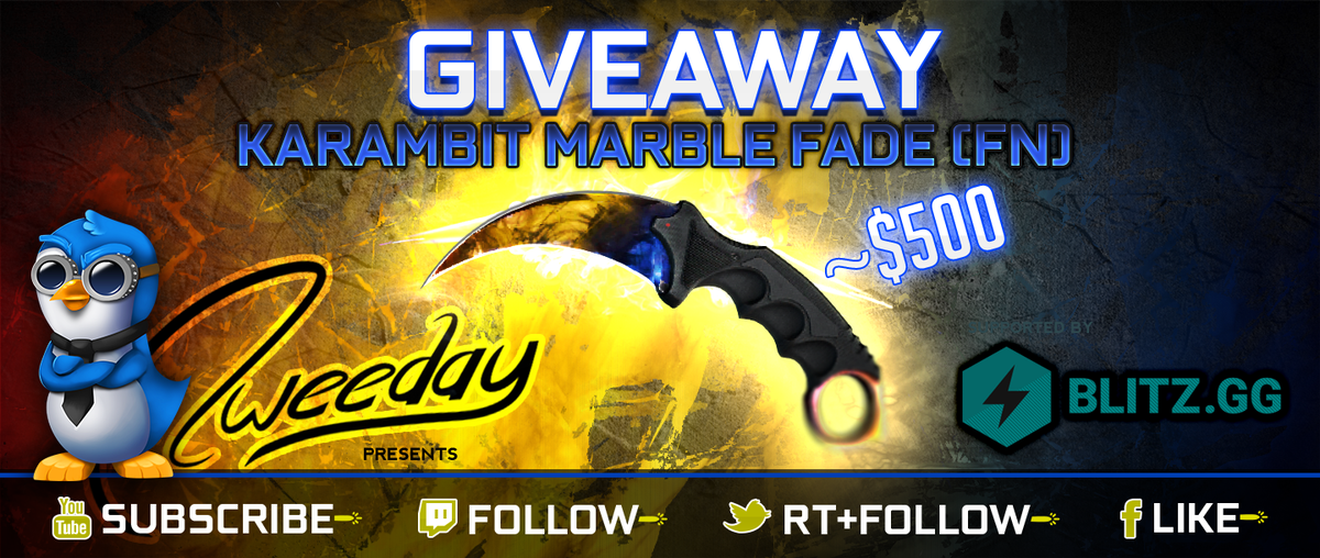 Mrtweeday's tweet photo. GIVEAWAY
Another KARAMBIT MARBLE FADE (FN)!! :)
RT+Follow, click the link to enter:
https://t.co/ey4YEZdddG
GLHF:) https://t.co/mkYAdZ5Z18