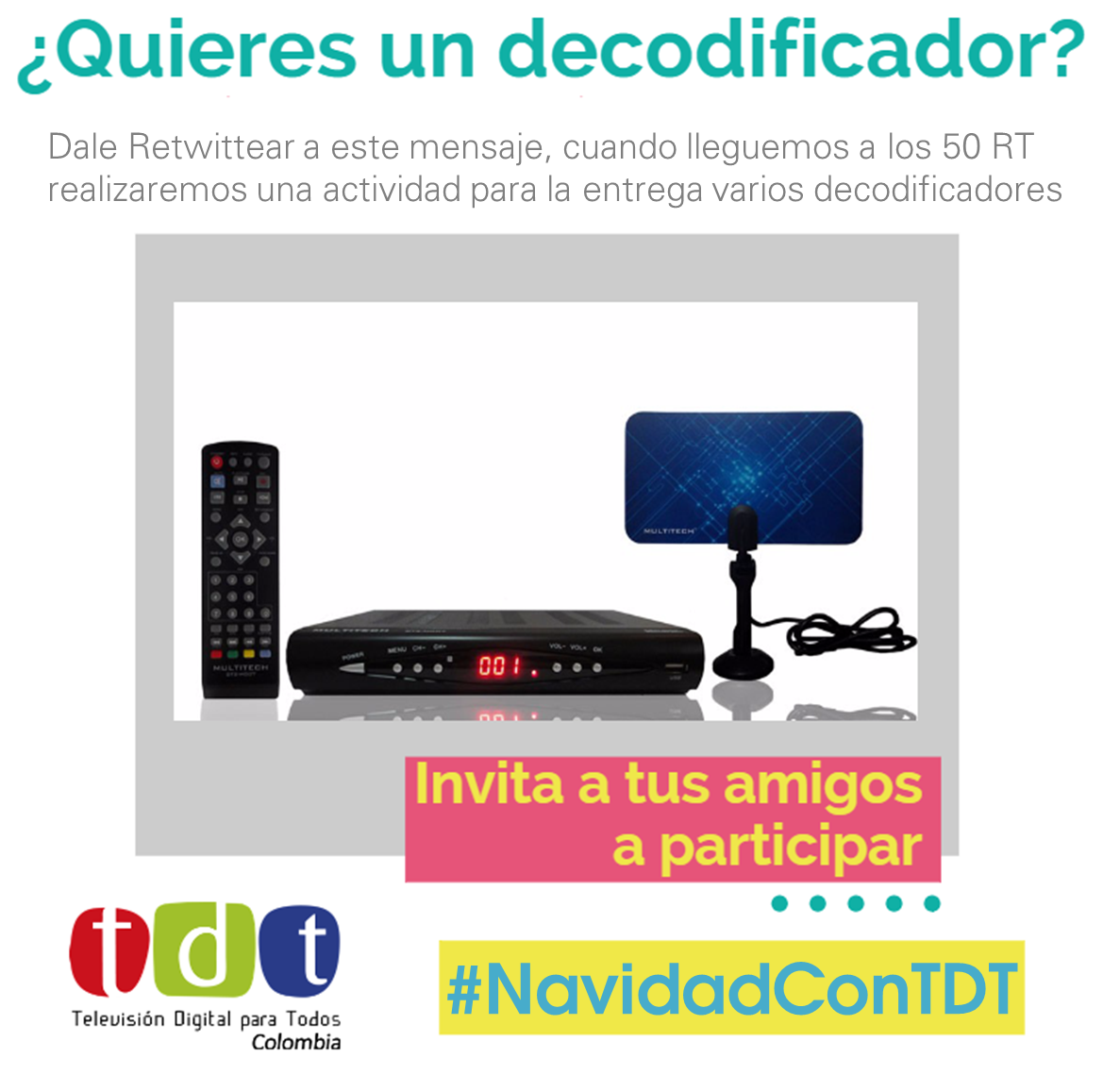 Queremos que más colombianos disfruten de la señal de la #TDT. 
#NavidadConTDT.  tdtparatodos.tv