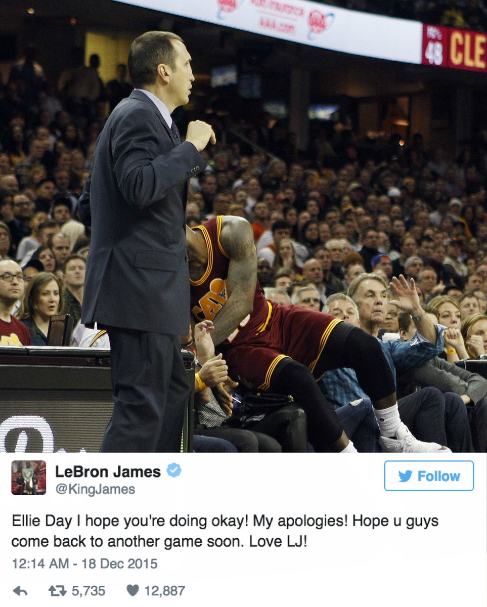BleacherReport's tweet photo. LeBron James tweets apology after crashing into Jason Day’s wife, Ellie, last night https://t.co/p4B9xWs3Fi https://t.co/Zd5Q5ucMoN