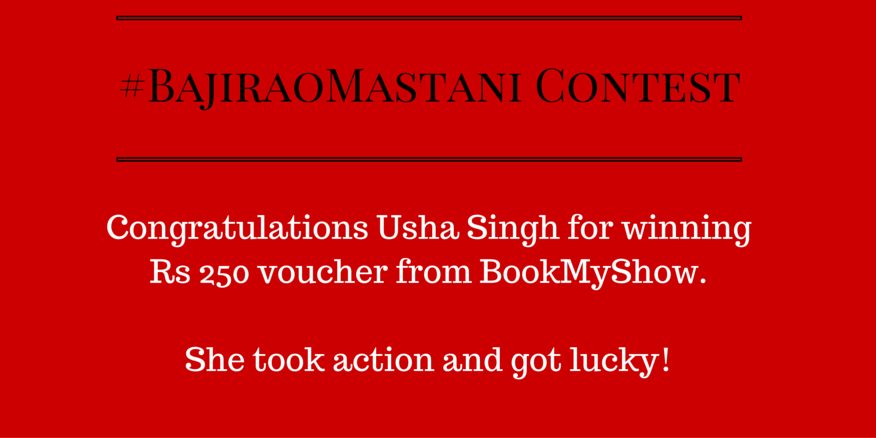 _freekashow's tweet photo. Congatulations! @UshaSinghldh for winning #BajiraoMastani #contest at @_freekashow. Please DM us your details! https://t.co/0gXCWkwsaF
