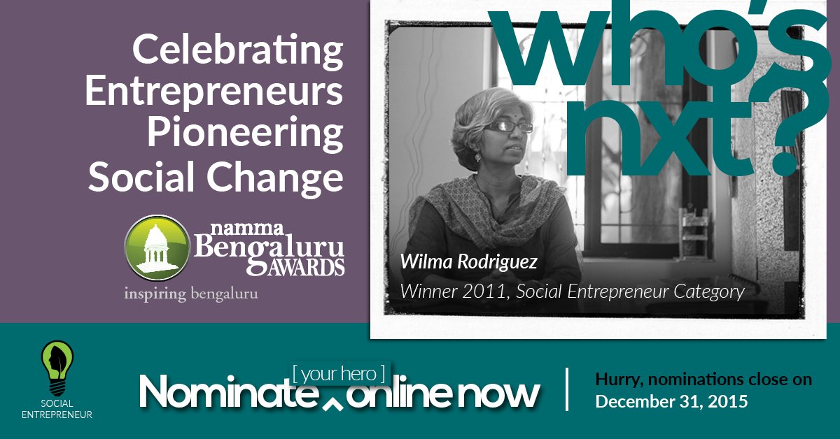 Namma_Bengaluru's tweet photo. Do you know a Social Entrepreneur whose work has a positive impact on Bengaluru? Nominate them for the #NBAwards2015 https://t.co/gwxOlwcaWZ