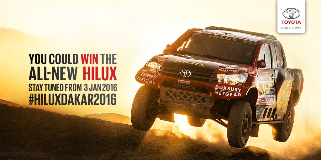 ToyotaSA's tweet photo. Prepare for a chance to win the All-New Hilux! Stick to our Facebook &amp; Twitter pages to see how #HiluxDakar2016 https://t.co/z2BzJLpgmL