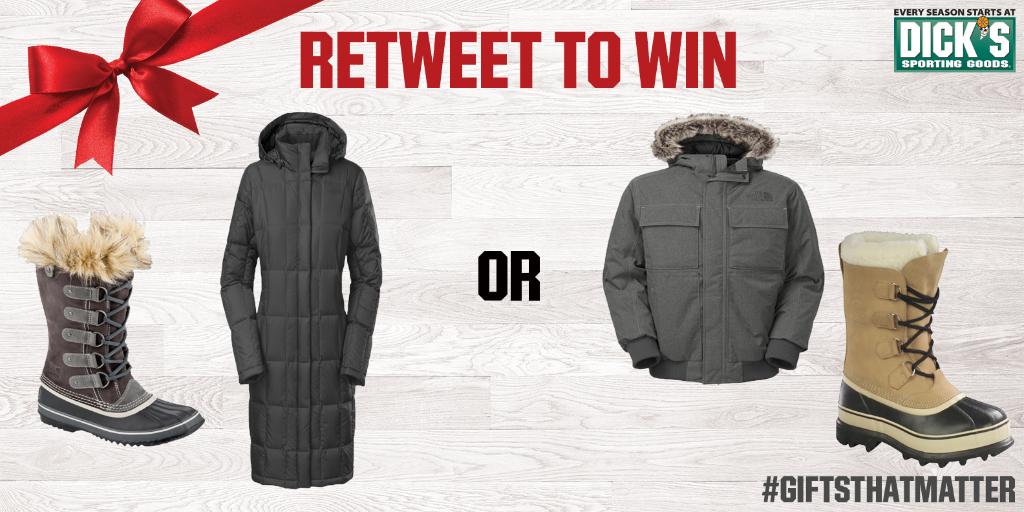 DICKS's tweet image. Retweet for a chance to win an outerwear prize pack. #Sweepstakes #GiftsThatMatter d.sg/JP3