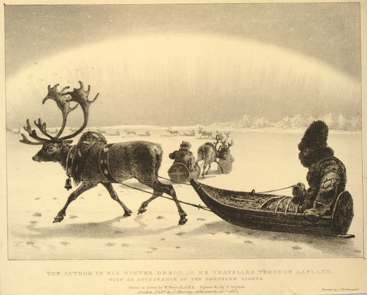 Reindeer pulling a sledge under the northern lights of Lapland &amp; Sweden for today’s #advent ow.ly/VRidO