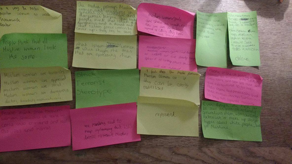 Maslaha's tweet photo. How does media portray Muslim women? Reflections ! frm Yr 8's @FBSchoolE17 as part of our Muslim Girls Fence project https://t.co/t8qtm2QF0C