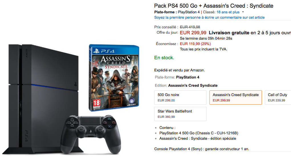 PromosHT's tweet image. @Axl_Thomassin La PS4 + le dernier Assassin's Creed est à 299€ seulement aujourd'hui ! amzn.to/1Qxg0FX