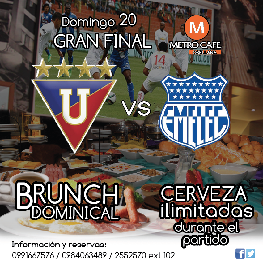 metrocafeec's tweet photo. Domingo 20.  Liga vs Emelec, Disfruta de nuestro Brunch Dominical con cerveza ilimitada durante el partido. https://t.co/uSWHBCis9u