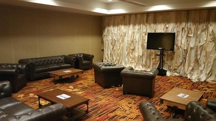 Our New Tufted Roy Furniture Collection accented by Reclaimed Warehouse Coffee Tables and beautiful Chard Drape Pan…