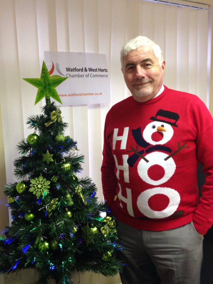 WatfordChamber's tweet photo. @LeeWalsingham , @watchamber 's CEO in the festive spirit! @TheWentaGroup #DecTheBoss #Christmas #ChristmasJumper https://t.co/EkQlLTZA4k