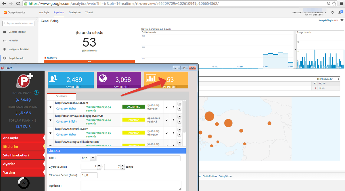 Piketi Gold üyemizin Google Analytics anlık ziyaretçi verileri.Gold üye olmak için piketi.com