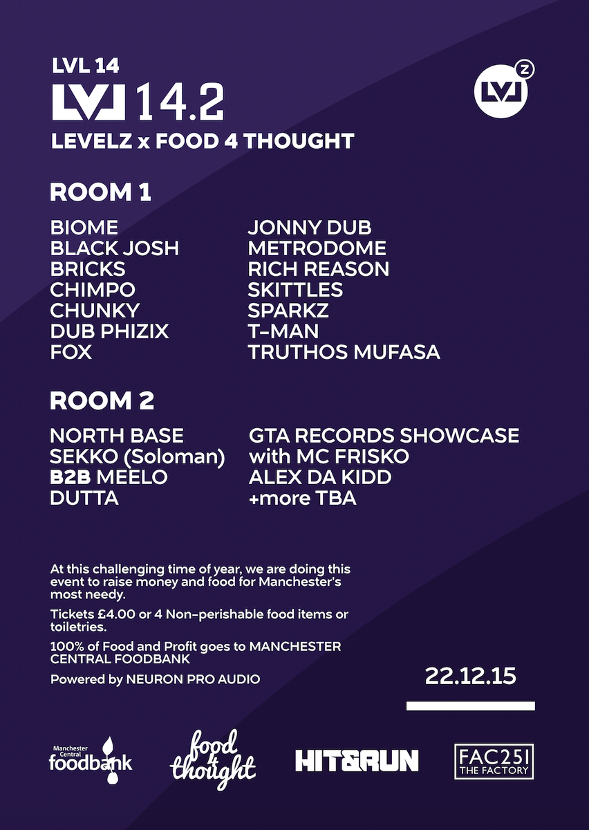 LEVELZMCR's tweet photo. Hey MCR Media - We r running this event 4 @McrFoodbank this Tues b4 Xmas -u can pay in w/ food -pls help spread word https://t.co/Pw2DN9Opyd