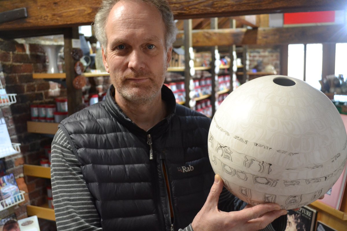 Ben Davies at <a href="/ClayCellar/">The Clay Cellar</a> with a spiral-coiled sphere he made using our Studio White Clay &amp; Semi-Porcelain. Fab!!