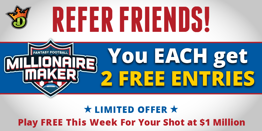 DraftKings's tweet image. Refer a friend and you'll BOTH get 2 FREE entries to the Week 15 NFL Millionaire Maker! 🏈😀 
dkng.co/1OcikeU