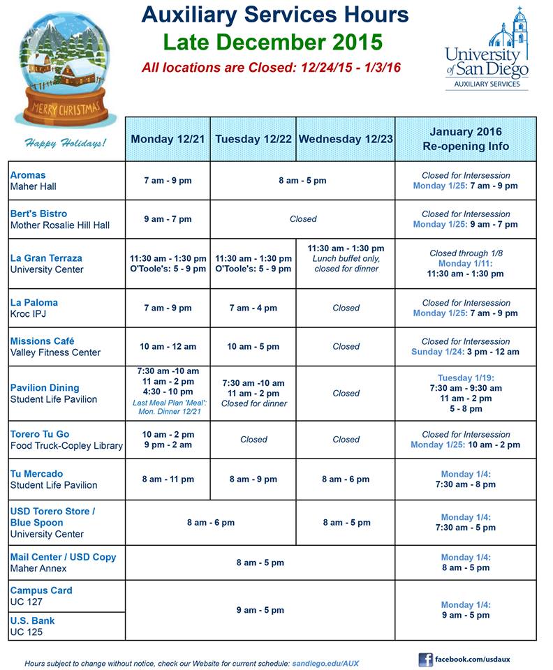 USD Auxiliary Services schedule Dec. 21-23, restart Jan. 2016 <a href="/torerolife/">USD Torero Life</a> <a href="/USDGradLawLife/">USD Grad Law Life</a> @EatAtUSD @USDToreroStore