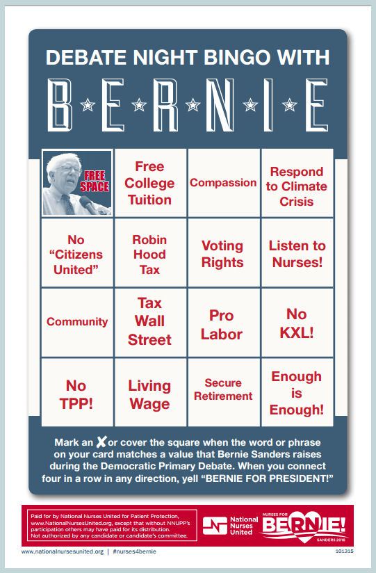 CalNurses's tweet photo. Chips? ✔ Salsa? ✔ Bernie shirt? ✔ Now all your party needs: Bernie Bingo cards! https://t.co/YRNd6Xu8Gy #DemDebate https://t.co/0Z0WceOEny