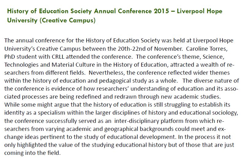 HistEdSocUK's tweet photo. The Centre for Research on Lifelong Learning has a report of #HES2015 in the current newsletter @CRLLtweet https://t.co/fmQKrP6kCc