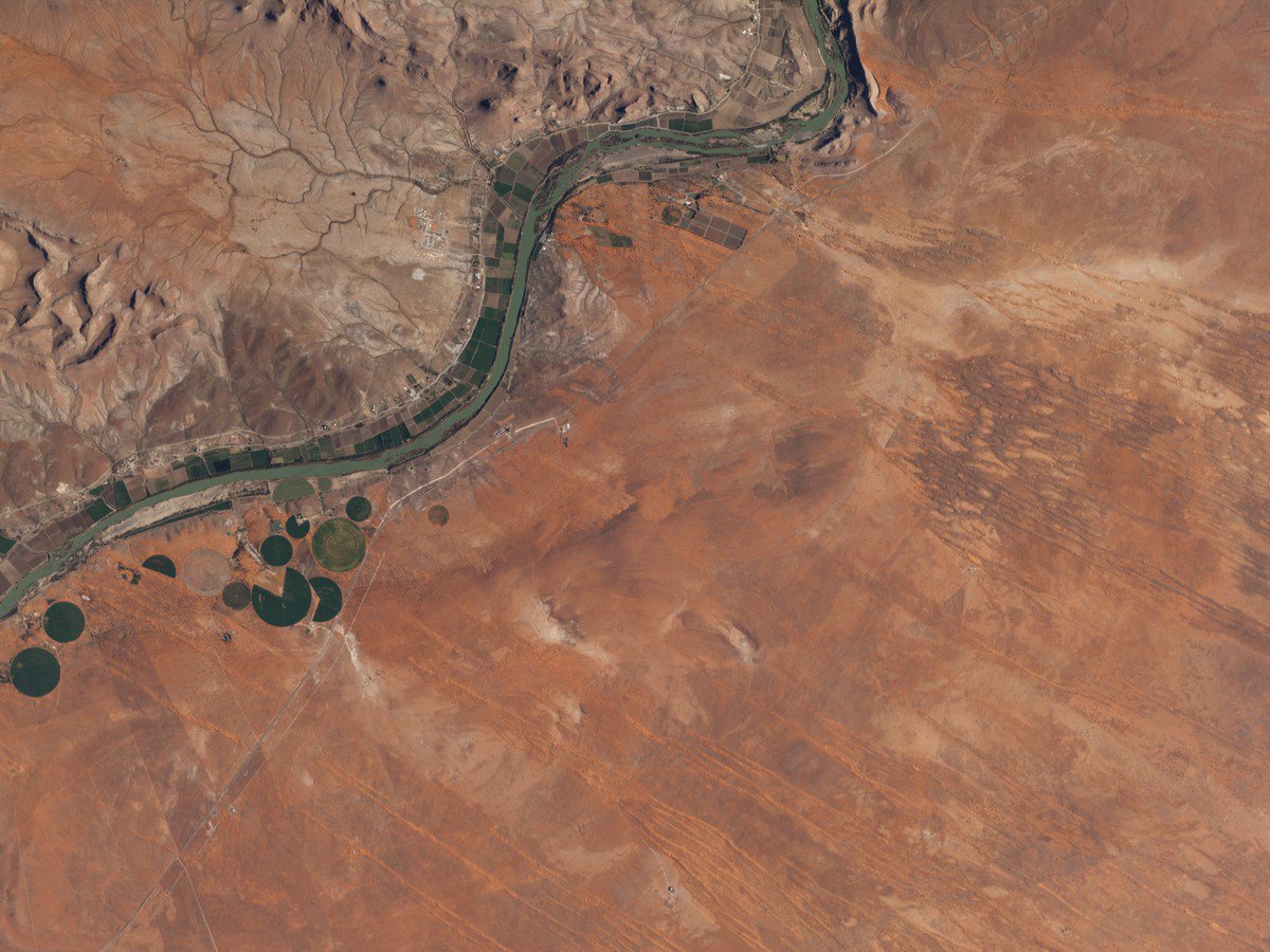 planet's tweet photo. The Orange River traverses #SouthAfrica's interior, belted by green fields &amp; silt deposits https://t.co/CSYDlYLyfw https://t.co/FId1gWc0xL