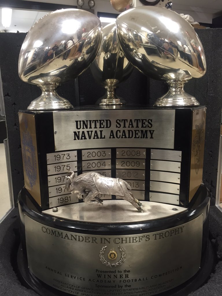 Fresh out of the crate, the Commander-In-Chief's Trophy is back in Annapolis.