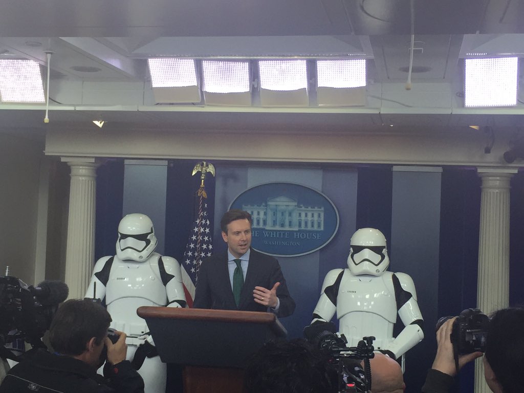 Stormtrooper charade at Josh Earnest presser