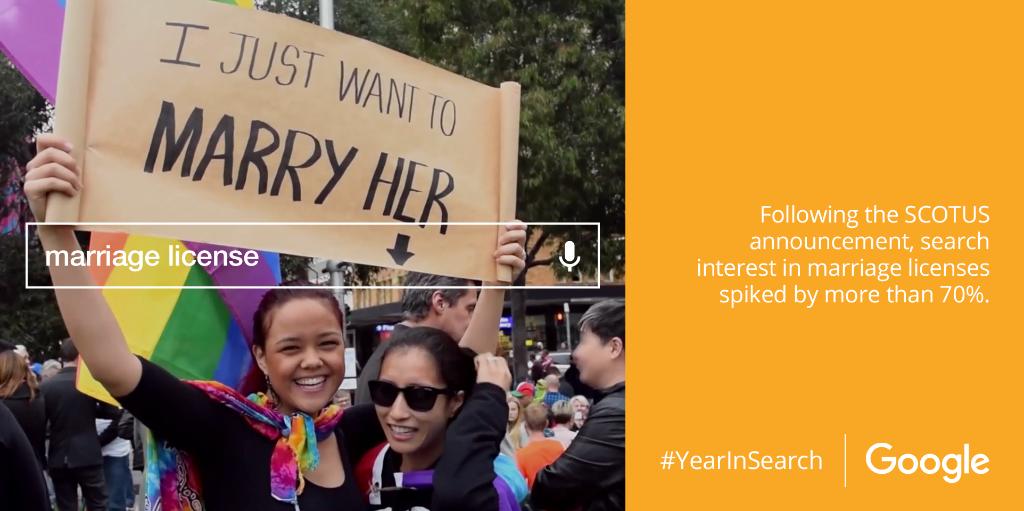 Google's tweet photo. In 2015 we proved that #LoveWins and said “I do!” to a new civil right. Watch: https://t.co/qtdaRo4xVR #YearinSearch https://t.co/TjIznnSmuG