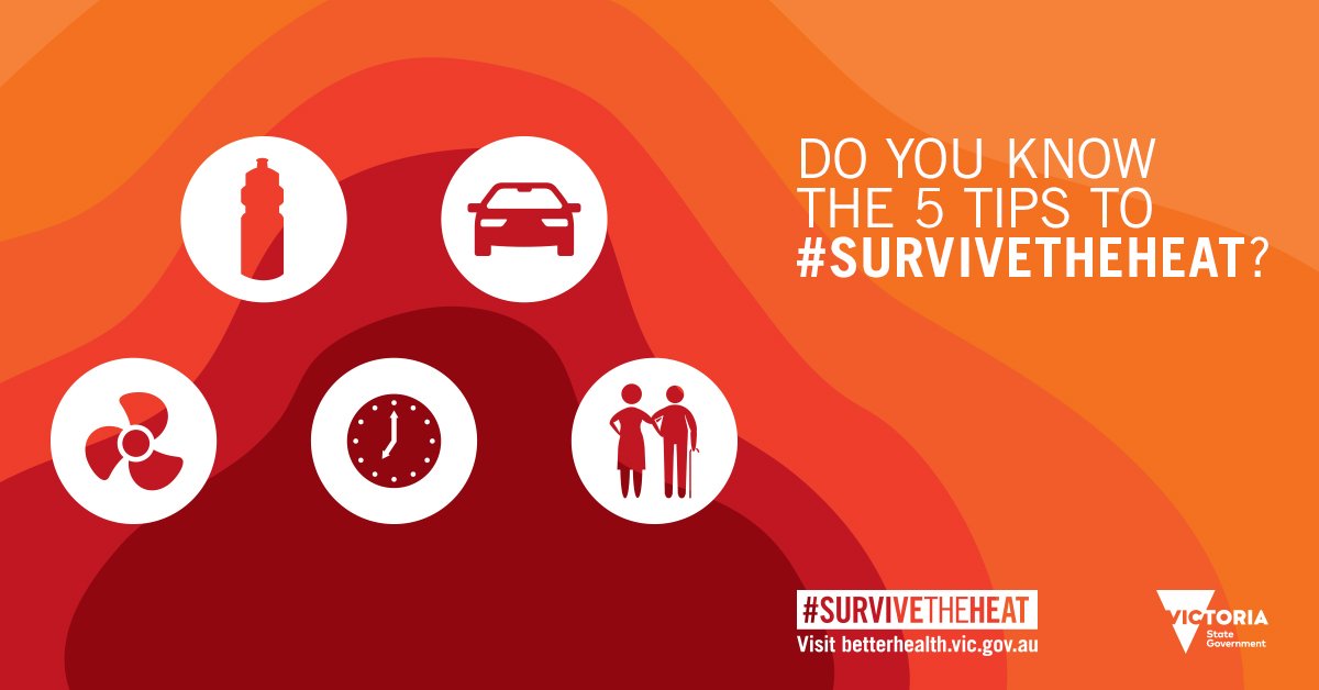 VicGovDH's tweet photo. Extreme heat forecast today. For tips on how to #SurviveTheHeat visit https://t.co/D5ZgK4rTRh https://t.co/4u3ogImhLr