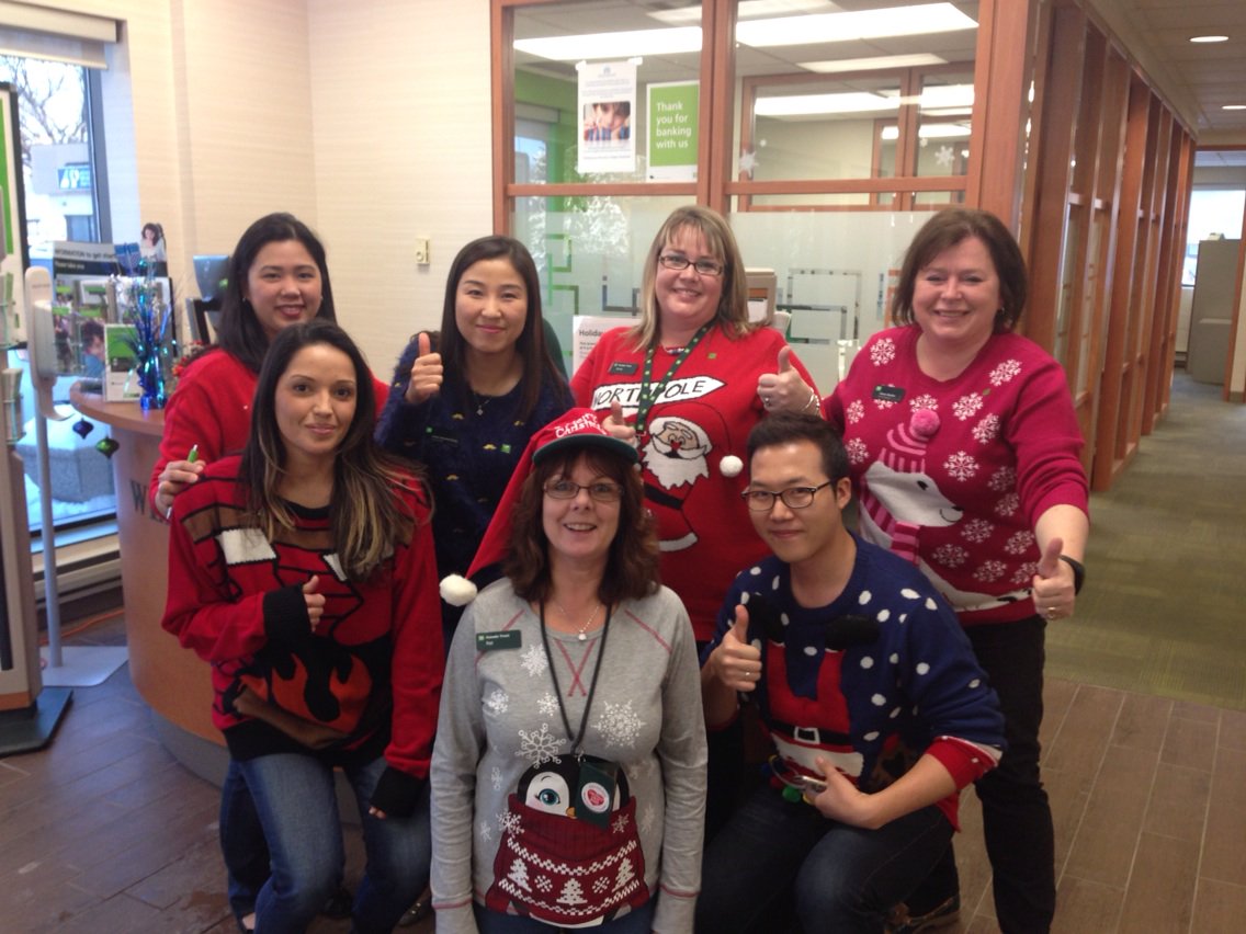 TD rocking the Christmas sweaters! Having fun with our customers <a href="/JessicaKeus/">Jessica Keus</a> @NicholaDouse_TD #unbeLEIvable