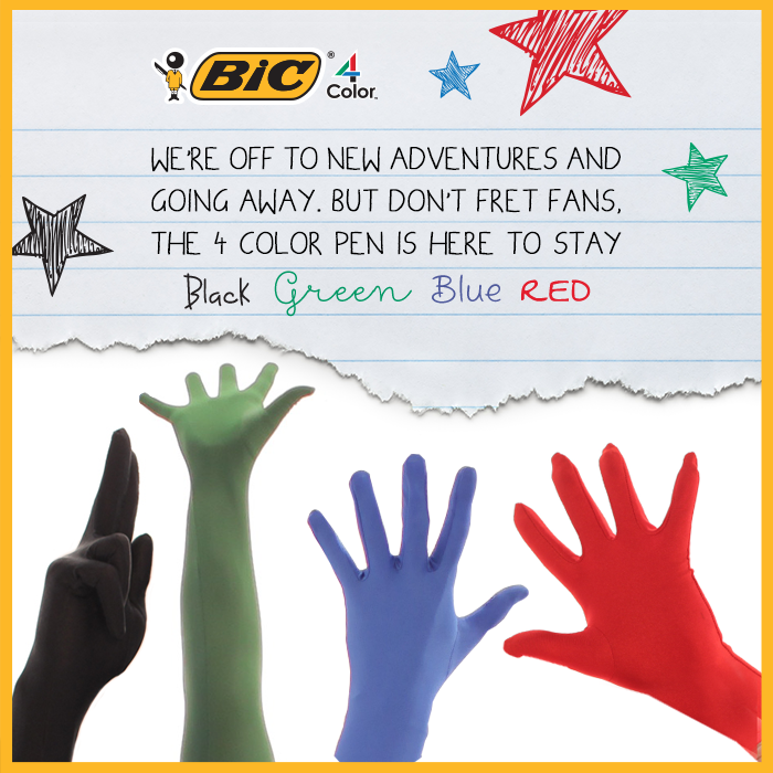 BICWrite's tweet photo. Farewell, #4ColorGuys! Don't fret fans- the BIC® 4-Color Pen is here to stay! https://t.co/ju7ZXpR0QR