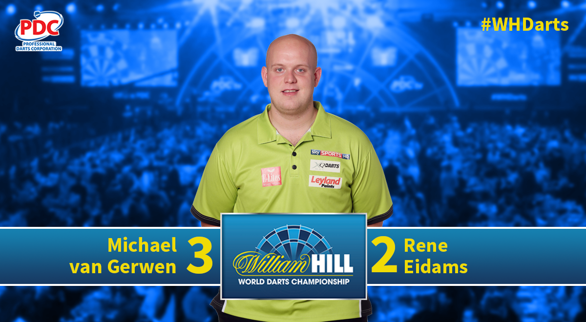 OfficialPDC's tweet photo. WINNER! Confirmation of Michael van Gerwen's win over Rene Eidams. What a performance from the underdog! #WHDarts https://t.co/EGWuISCtnx