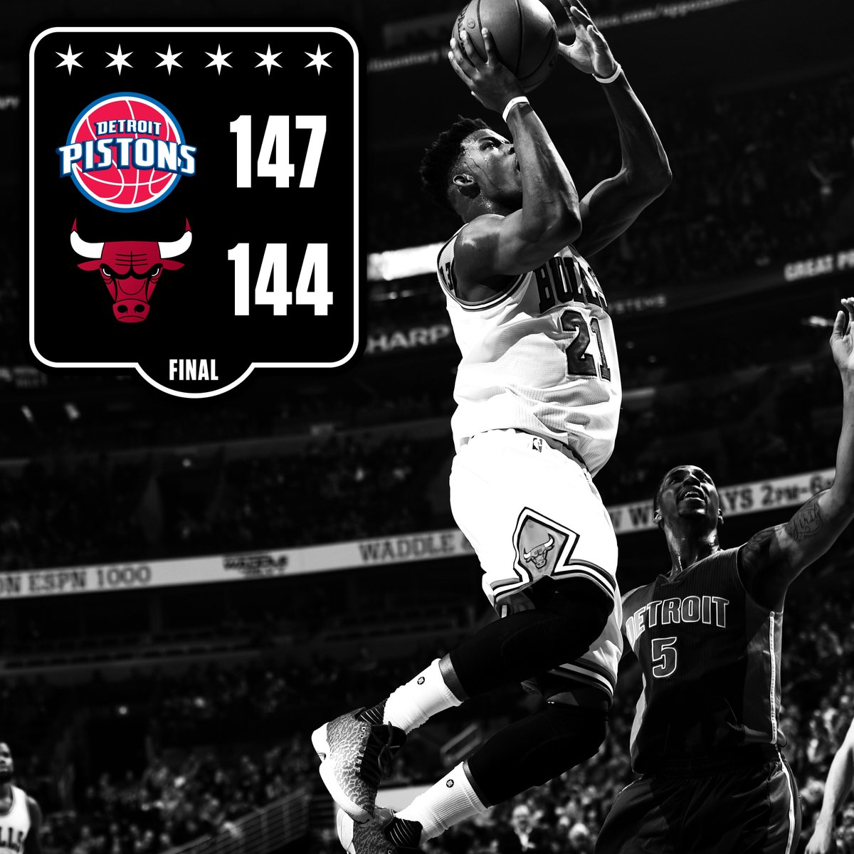 chicagobulls's tweet photo. #Bulls fall just short at the end but what a game that was. 

Butler: 43pt/8rb
Rose: 34pt/8ast/4rb
Gasol: 30pt/15rb https://t.co/P1eOLN9TBF