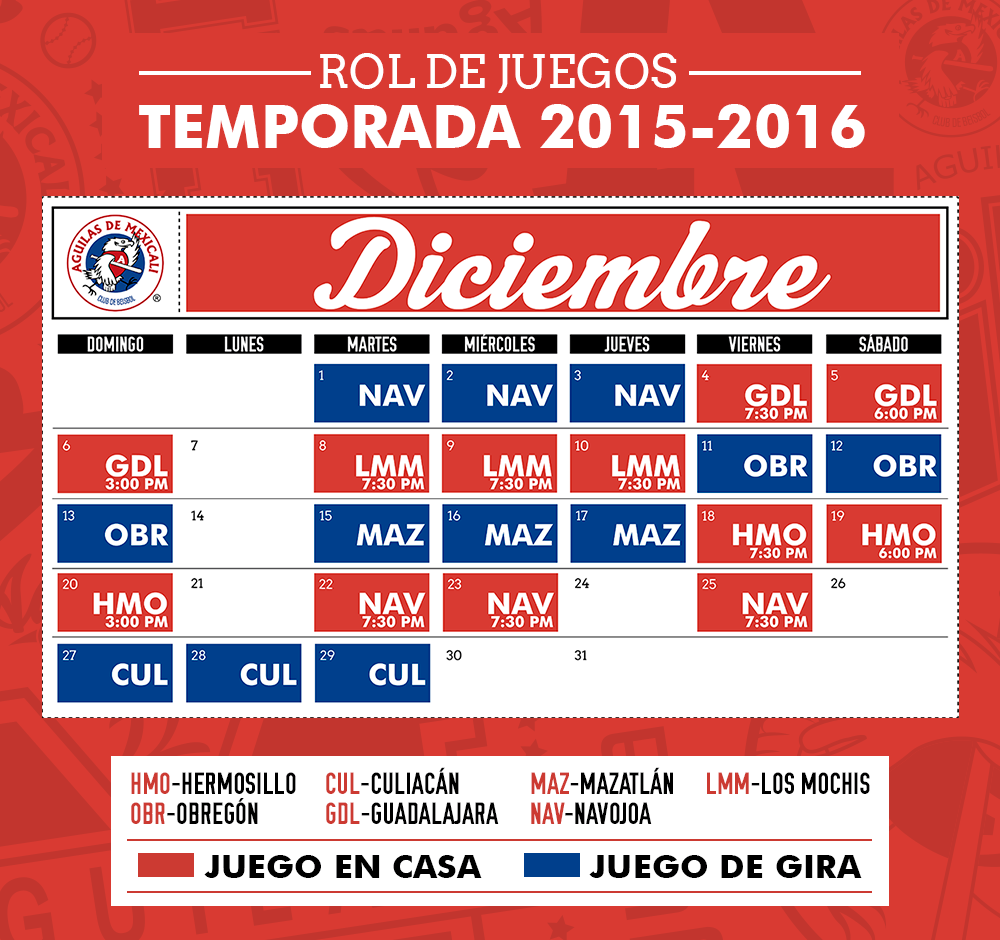 Conoce el rol de juegos de las Águilas de Mexicali del mes de Diciembre
